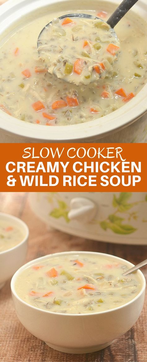 Slow Cooker Creamy Chicken Wild Rice Soup made easily and conveniently in the crockpot. Loaded with chicken, wild rice, vegetables and rich, creamy broth, it's comfort food at its best! Wild Rice Soup Crockpot, Rice Soup Crockpot, Chicken And Wild Rice Soup, Chicken Soups, Chicken Wild Rice, Slow Cooker Creamy Chicken, Chicken Wild Rice Soup, Creamy Chicken And Rice, Chicken Rice Soup