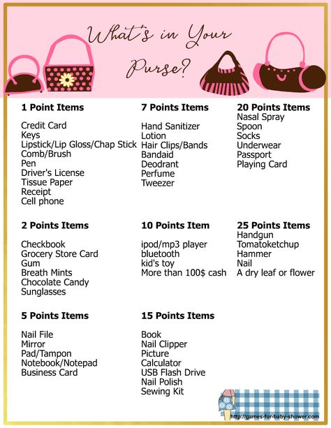 Women Purse Games, Whats In My Purse Game, Whats In My Purse Game Free Printable, Bridal Shower Whats In Your Purse Game, Whats In Your Purse Baby Shower Game, Ticket Template Printable, Pads Tampons, What's In My Purse, Nasal Spray