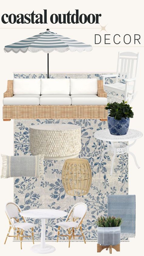 Coastal outdoor decor, blue coastal accents, table, chairs, couch, umbrella, planters, side table, coffee table, accent table, throw pillows, beach house, outdoor ideas, coastal dining, beach house dining, outdoor dining, outdoor dining area, outdoor table, backyard inspiration, outdoor patio ideas, patio dining, backyard ideas, modern coastal dining room, modern coastal decor, coastal aesthetic, beachy room inspo, coastal farmhouse, coastal decor, coastal backyard, backyard beach, patio ideas Beach Patio Ideas, Aesthetic Beachy Room, Coastal Master Bed, Room Inspo Coastal, Coastal Patio Ideas, Backyard Ideas Modern, Beachy Room Aesthetic, Room Decor Beachy, Living Room Ideas Coastal