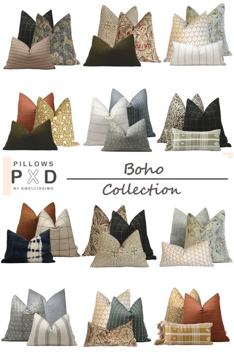 Boho Pillow Combinations, How To Decorate With Pillows, Throw Pillow Color Combinations, Colorful Pillows On Couch, Boho Pillows Couch, Pillow Combinations Couch, Cushions On Sofa Color Schemes, Boho Throw Pillows Couch, Pillow Cover Designs Ideas