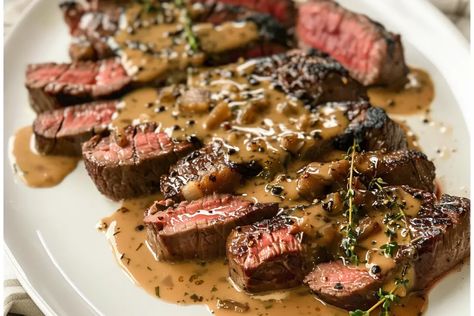 French Seared Steak with Cognac Cream Sauce Cognac Mushroom Sauce, French Steak Recipe, Cognac Cream Sauce, Steak Cream Sauce, Diane Sauce, French Steak, Brandy Cream Sauce, Strip Steaks, Mustard Cream Sauce