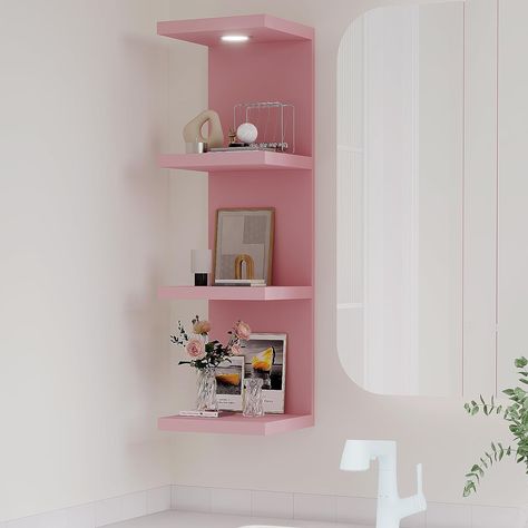 PRICES MAY VARY. FLOATING LACK WALL SHELF — Versatile 4-tier wall Shelf Unit in a crisp and timeless Pink finish—the perfect addition to elevate your home decor. Display charming showpieces, decorative items, and other prized possessions while offering functional storage with square-shaped display shelves — Enhance décor and fill in empty wall space above a desk, fireplace, entryway, vanity, child bedroom, between windows, and so much more. DECORATE & DISPLAY FLOATING SHELVES WITH LIGHT—One of t Pink Acrylic Shelves, Bedroom Makeup Station Floating Shelves, Shelving Living Room Wall, Light Up Shelf, Cute Stuff For Bedroom, Pink Wall Shelves, Cute Bathroom Shelf Decor, Light Pink Aesthetic Room Decor, Above Bed Decorations