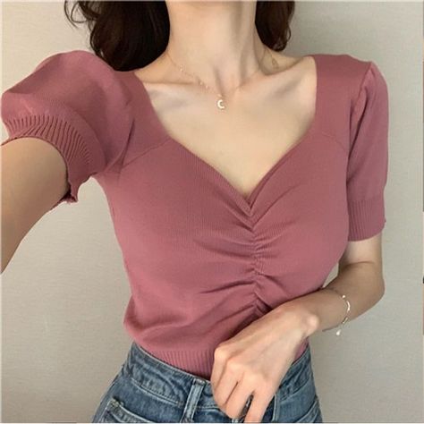 Lomond - Puff-Sleeve V-Neck Short-Sleeve Cropped Knitted Shirt Vintage Velvet Dress, Top And Jeans, Female Girl, Collars For Women, Knitted Tshirt, Korean Outfits, Alibaba Group, Fashion Tops, Casual Dresses For Women