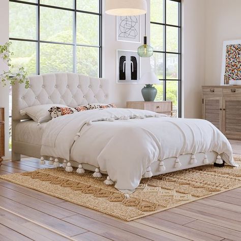 King Upholstered Platform Bed, Diamond Tufted Headboard, Tufted Platform Bed, Bed Platform, Curved Headboard, Linen Fabrics, Padded Headboard, Queen Bed Frame, Design Aesthetics