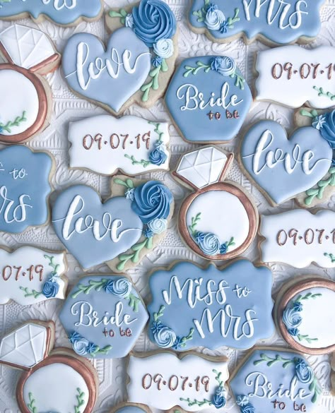 Steel Blue Bridal Shower Ideas, Dusty Blue And Sage Green Bridal Shower Decorations, Blue And White Bridal Shower Cookies, Dusty Blue Desserts, Dusty Blue Wedding Cookies, Bridal Shower Ideas Dusty Blue, Something Blue Cookies, Something Blue Before I Do Cookies, Something Blue Bridal Shower Cookies