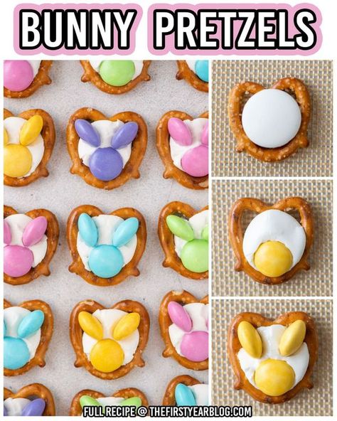 The Keeper of the Cheerios-Blog Easy Easter Sweet Treats, Easter Food To Make With Kids, Pretzel Chicks And Bunnies, Pretzel Easter Bunny, Pretzel Bunny Treats, Bunny Desserts For Easter, Cute Easter Baking Ideas, Easter Bunny Dessert Ideas, Easter Desserts With Pretzels