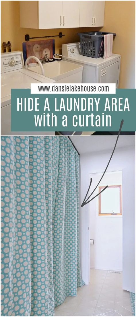 GENIUS!! How to Hide a Washer and Dryer. Hide laundry room entirely with wall to wall curtains on a curtain track so curtains GLIDE so easily out of the way! Hide laundry room with curtains. Use this to hide laundry room in kitchen or hide laundry room in hallway like mine. Hide laundry room hack! Check out the tutorial for how to sew this curtain on a track and tips for hiding washing machine with curtains. Laundry Room Cover Up Curtains, Hide Washer And Dryer With Curtains, Hiding A Washer And Dryer In Kitchen, Hide Laundry Room With Curtains, Curtain Ideas To Hide Storage, Hanging Curtains To Hide Storage, Conceal Laundry Area, Curtain In Front Of Washer And Dryer, Curtain To Cover Washer And Dryer