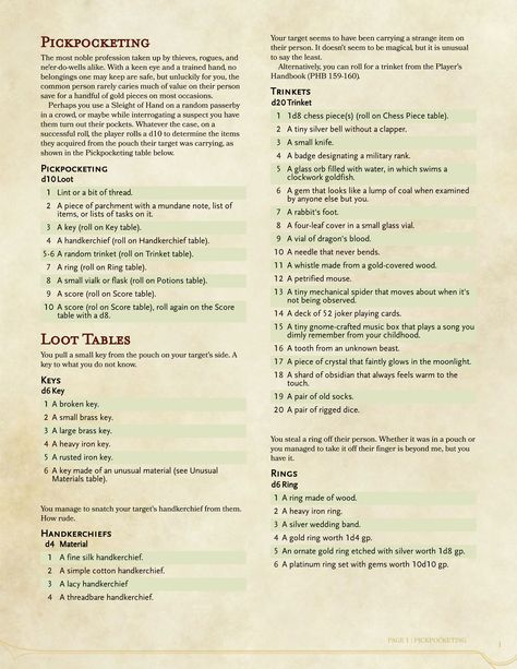 The Grinning Wyrm D&D — dnd-atlas: Table: Pickpocketing [In my current... D&d Buildings, Dnd Pickpocket, Dnd Weather Table, D&d Loot, Random Tables Dnd, Loot Table Dnd, Dnd Roll Table, Dnd Loot Tables, Dnd Minigames