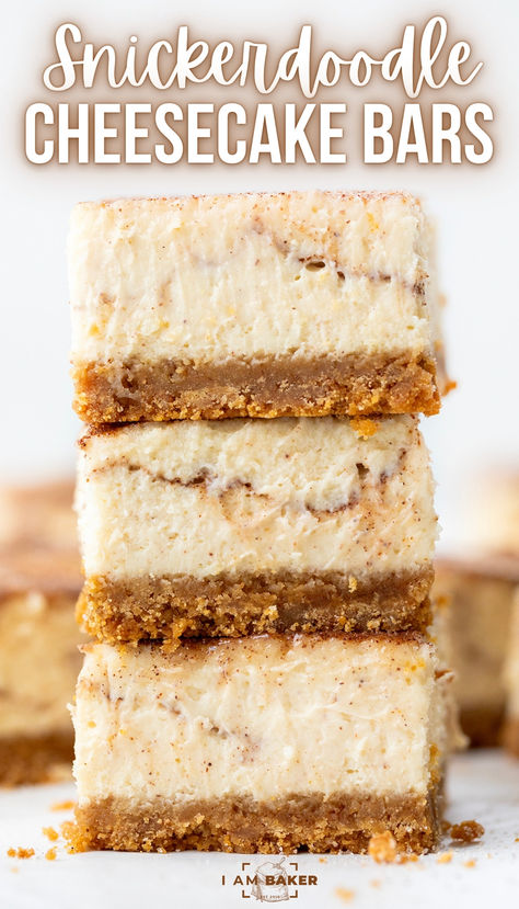 three snickerdoodle cheesecake bars are stacked up on a white countertop with a few more cheesecake bars behind them. Snickerdoodle Cheesecake Bars, Snickerdoodle Cheesecake, Easy Impressive Dessert, No Sugar Desserts, Cinnamon Cheesecake, Mom On Timeout, Frozen Cheesecake, Cream Cheese Desserts, Cheesecake Bar Recipes