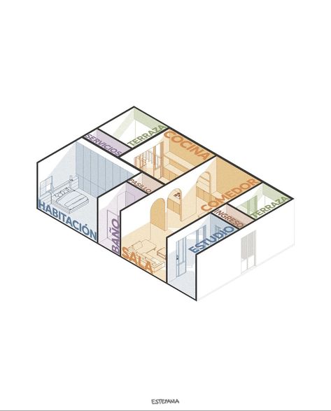 Interior Axonometric, Isometric Section Architecture, 3d Axonometric Diagram, Exploded Axonometric Interior Design, Explode Axonometric Architecture, Concept Board Architecture, Stair Plan, Drawing Interior, Architecture Life