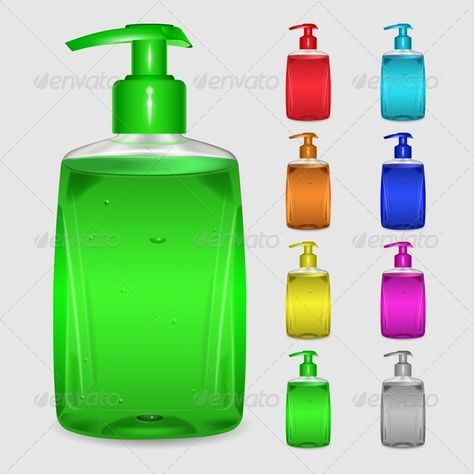 Set of multicolored bottles of liquid soap on white background. Vector illustration, fully editable, vector objects separated and Liquid Soap Label Design, Hand Wash Bottle, Soap Label Design, Soap Manufacturing, Liquid Soap Making, Detergent Bottles, Washing Detergent, Soap Labels, Liquid Hand Soap