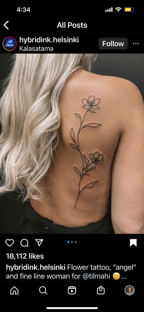 Dainty Feminine Back Tattoos, Dainty Tattoos Thigh, Long Side Tattoo, Long Stem Flower Tattoo Leg, Large Dainty Tattoos, Thigh Stomach Tattoo, Cute Simple Back Tattoos, Simple Flower Back Tattoo, Side Of Back Tattoo Women