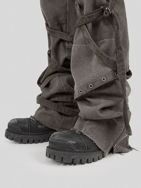 Description:Step into a daring fusion of post-apocalyptic utility and contemporary fashion with the "Scavenger Heavyduty Multi-Pockets Striped Cargo." Crafted with an intricate blend of fabrics and deconstructed style, these wild cargo pants a... Space Shoes, Apocalypse Fashion, Apocalyptic Clothing, Hyein Seo, Apocalyptic Fashion, Shorts Sweatpants, Grey Trousers, Asymmetrical Design, Post Apocalyptic