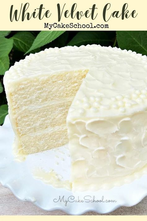 White Velvet Cake | My Cake School Sweet Almond Cake, White Cake Mix Recipes, White Velvet Cake Recipe, Dense Cake, White Velvet Cake, My Cake School, Homemade White Cakes, Gluten Free Vanilla Cake, White Velvet Cakes