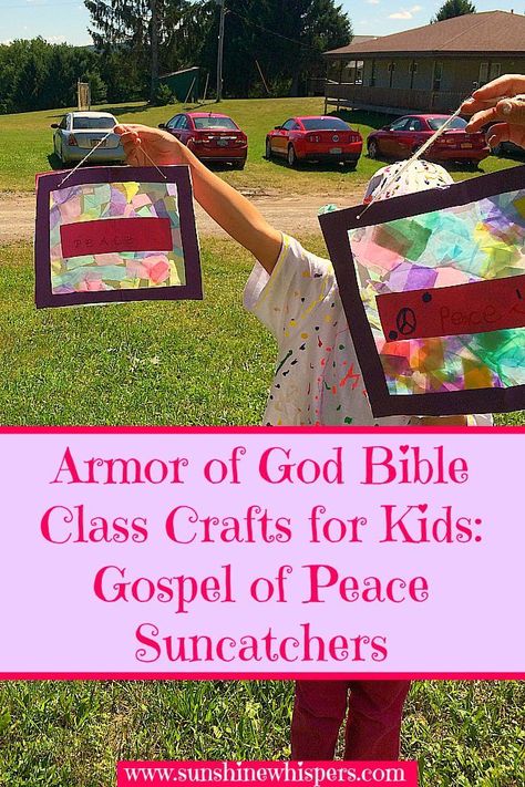 Armor of God Bible Class Crafts for Kids: Gospel of Peace Suncatchers - Sunshine Whispers  http://www.sunshinewhispers.com/2015/08/armor-of-god-bible-class-crafts-for-kids-gospel-of-peace-suncatchers/ Keepers Of The Kingdom Vbs Craft Ideas, Keepers Of The Kingdom Vbs 2023 Crafts, Armor Of God Crafts For Teens, Kingdom Keepers Vbs Crafts, Keepers Of The Kingdom Crafts, Armour Of God Vbs, Class Crafts For Kids, Armor Of God Crafts For Kids, Bible Class Crafts