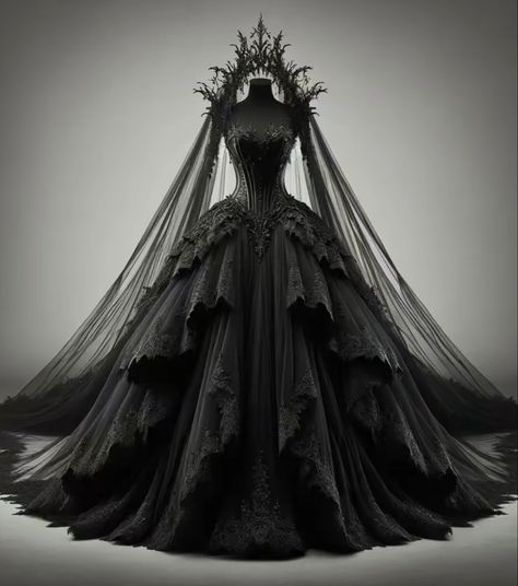 Victorian Wedding Dress Black, Black Dress Fantasy Gowns, Black Princess Dress Fairytale, Vampire Queen Dress, Dark Fantasy Gown, Goth Ball Gown, Dark Gown, Evil Queen Dress, Goth Wedding Dress