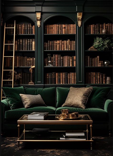 Dark Academia Interior, Dark Green Living Room, Dark Academia Room Decor, Dark Academia Room, Academia Room, Moody Living Room, Home Library Rooms, Library Room, Room Library