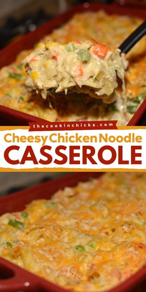 This is the best chicken noodle casserole ever! Don't miss this cheesy and easy chicken noodle recipe for your weeknight dinner recipes! Shredded chicken, pasta, and veggies make this an all-in-one meal! Give it a try and learn how to make it! All Recipes Chicken Noodle Casserole, Chicken Noodle Casserole Without Canned Soup, Cheesy Chicken Noodle Casserole Recipes, Chicken Enchilada Noodle Casserole, Mexican Chicken Noodle Casserole, Chicken Noodle Hot Dish, Cheesy Chicken And Noodle Casserole, Chicken Casserole With Chow Mein Noodles, Shredded Chicken And Noodles