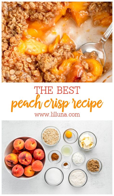 With sweet juicy peaches and cinnamon crumble topping, Peach Crisp is perfect topped with a scoop of vanilla ice cream. #peachcrisp #crisp #peachdessert #peachcrisprecipe #peach Peach Crisp Frozen Peaches, Homemade Peach Crisp With Fresh Peaches, Peach Granola Crisp, Recipes To Make With Peaches, Peach Crisp Without Oats, Peach Crisp For Freezer, Peach Cobbler With Fresh Peaches Oatmeal, Peach Crisp Breakfast, Peach Crisp Recipe With Fresh Peaches