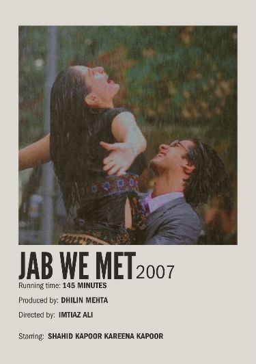 Jab We Met, Old Bollywood Movies, Movie Character Posters, Movie Card, Iconic Movie Posters, Bollywood Posters, Great Movies To Watch, Film Posters Vintage, Bollywood Music