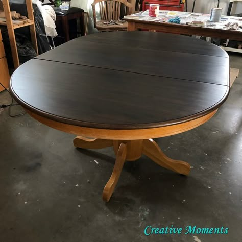 Do you have a furniture piece that has a great finish but the stain color is not what you want? Follow how I used a product that can change the color OVER an existing finish. Table before    This round oak table had been refinished by the former owner so there was no need to strip, sand and restain BUT with a new gel stain from Fusion Mineral Paint I knew I could update the color without doing all that work. Here are many other dining table tutorials that were stripped and or painted.F… Ideas For A Small House, Round Oak Table, Dining Table Guide, Kitchen Table Ideas, Painted Kitchen Tables, Dining Table Makeover, Dark Wood Table, Staining Furniture, Kitchen Table Makeover