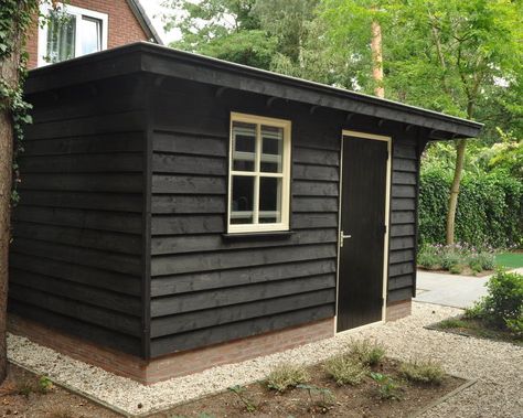 Dark Grey Shed, Backyard Shed Bar Ideas, Black Shed, Utility Sheds, Shed Office, Garden Cabins, Backyard House, Backyard Studio, Backyard Office