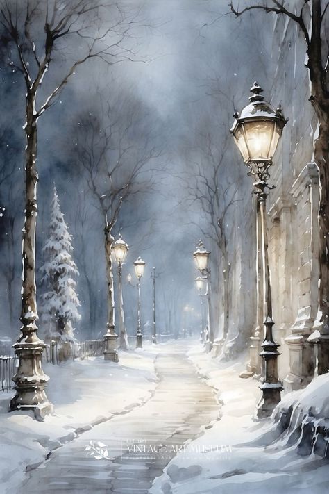 Snow Paintings, Winter Scene Paintings, Winter Cottagecore, Park Painting, Snow Painting, Beautiful Winter Scenes, Wall Art Dark, Winter Landscape Painting, Watercolor Winter