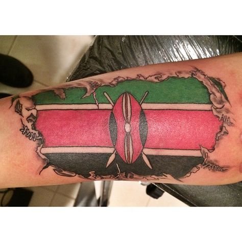 Did this fun, very meaningful, custom Kenya flag piece today! #customdesign #customtattoos #undertheskintattoos #create #art #artist #kenya #tattoo #tattoos #tattooart #tattooyou #tattooartist... Kenyan Flag Tattoo, Kenya Tattoo, Runner Tattoo, Kenyan Flag, Kenya Flag, African Tattoo, Half Sleeve Tattoos Drawings, Egypt Tattoo, Military Tattoos