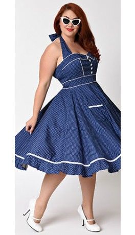 Hell Bunny Plus Size Navy & White Dot Vanity Swing Dress Plus Size Rockabilly, Plus Size Outfits Casual, Halter Crochet, Plus Size Navy, Plush Jacket, Plus Size Vintage Dresses, Pin Up Outfits, Pin Up Dresses, Plus Size Vintage