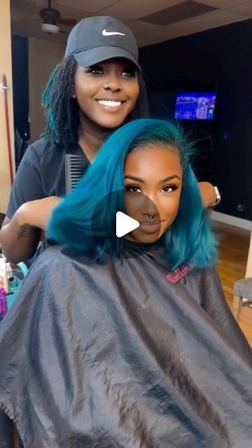 Dark Dyed Hair Colors, Dark Blue Hair Black Women, Turquoise Hair Black Women, Silk Press With Color, Curls Silk Press, Pressed Natural Hair, Silk Press Natural Hair, Dyed Hair Blue, Aqua Hair