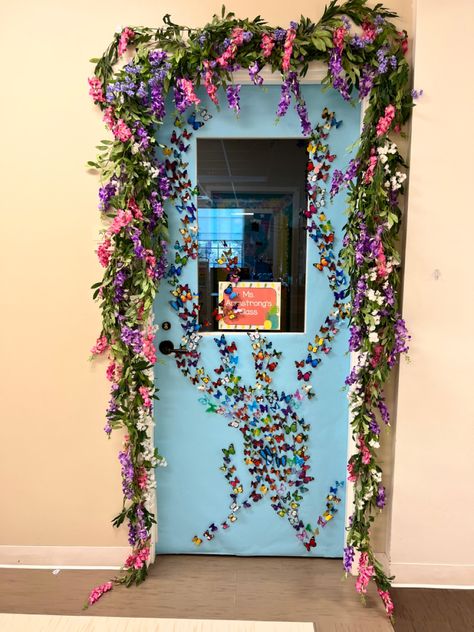 Indie Classroom Decor, Enchanted Forest School Decorations, Enchanted Forest Door Decoration, Spring Theme Classroom Decorations, Classroom Door Flowers, Enchanted Garden Classroom Theme, Fairytale Door Decorations Classroom, Cottagecore Bulletin Board, Enchanted Forest Classroom Door