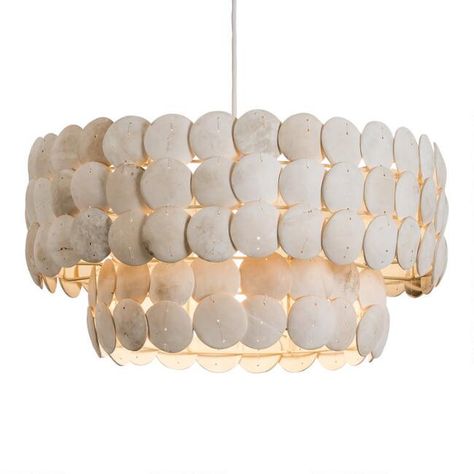 White Coconut Shell Two Tier Alana Pendant Lamp | World Market Coastal Pendant, Coastal Pendant Lighting, Beach House Lighting, Pottery Barn Style, Coastal Chandelier, Coconut Husk, Coastal Lighting, Shell Chandelier, White Canopy