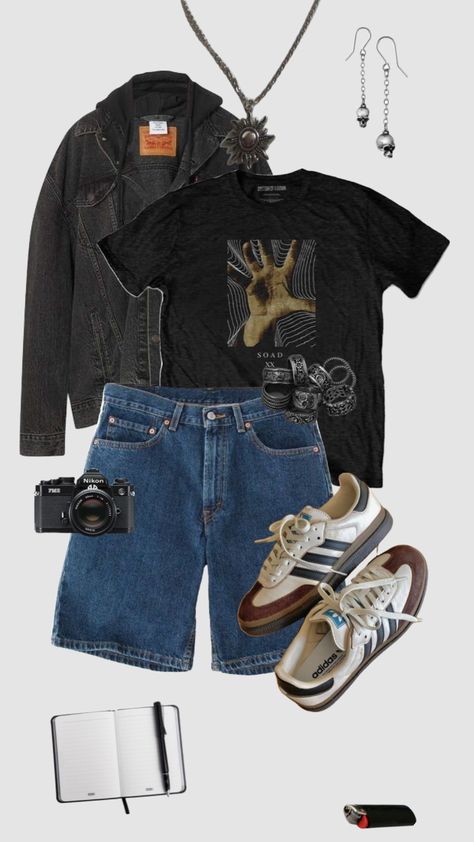 Jorts Grunge Fit, Messy Grunge Outfits, Black Summer Outfits Grunge, Jorts Outfit Idea Grunge, Earthy Grunge Outfits Men, 90s Grunge Outfits Aesthetic, Vintage Grunge Aesthetic Outfits, Grunge Vintage Outfits, Vintage Grunge Outfits