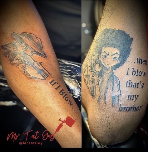 Boondocks Brothers Tattoo, Matching Tats For Brothers, Eat Or Get Ate Tattoo, Brother And Brother Tattoos, Matching Tattoos Cartoon, Sibling Matching Tattoos Brother Sister, Brother Matching Tattoos, Matching Tattoos For Best Friends Men, Best Friend Tattoos For Men