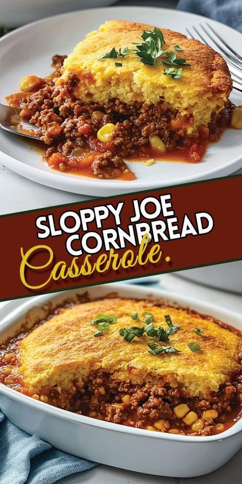 Ingredients: 1 pound ground beef 1/2 cup onion, chopped 1/2 cup green bell pepper, chopped 1 can (15 ounces) sloppy joe sauce 1 box (8.5 ounces) cornbread mix 1/3 cup milk 1 egg 1 cup shredded cheddar cheese #cornbread #easyrecipes #camilarecipes Weight Watchers Sloppy Joe Casserole, Crockpot Sloppy Joe Casserole, John Wayne Casserole With Cornbread, Hamburger Meat And Cornbread Recipes, Mexican Casserole With Beef Cornbread, Few Ingredient Meals Ground Beef, Cornbread Sloppy Joe Casserole Jiffy, Sloppy Joe Casserole Cornbread, Sloppy Joe Cornbread Bake