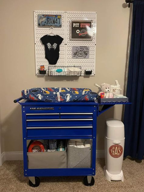 Garage Nursery Ideas, Biker Nursery Theme, Tools Nursery Theme, Semi Truck Nursery Theme, Truck Theme Nursery, Man Cave Nursery Theme, Car Themed Nursery Vintage, Toolbox Changing Table Nursery Ideas, Tool Nursery Theme