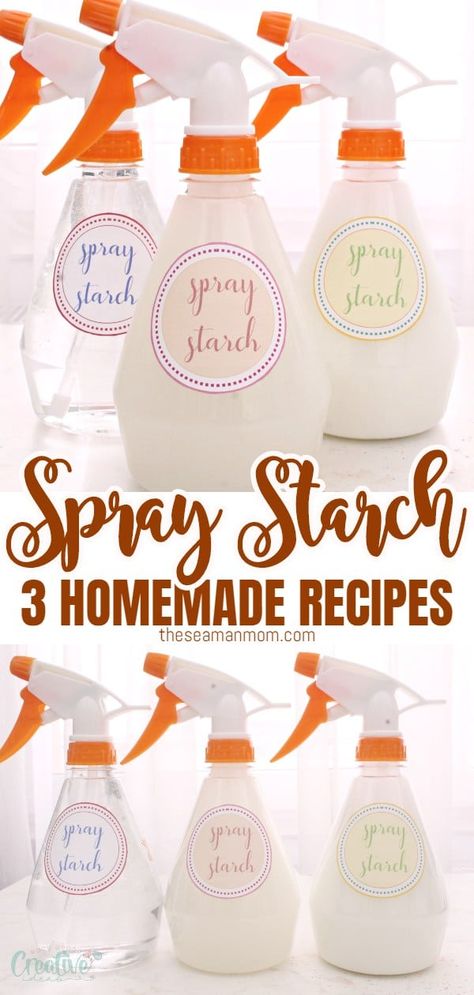 This DIY spray starch is a great help for ironing! Make it in a snap with just a couple of ingredients you probably already have in your pantry! Spray Starch Recipe, Ironing Spray, Starch Solution Recipes, Fabric Starch, Starch Foods, Spray Starch, Diy Sprays, Fabric Spray, Homemade Cleaning Products