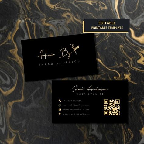 Custom Business Card for Hairstylist Hairdressers, QR Code Hairstylist Business Card Template, Lux Black Gold Barber Business Card Template - Etsy Canada Hair Stylist Cards Business, Rebranding Hair Business, Business Card Hairstylist, Hair Stylist Business Cards Design, Hair Stylist Business Cards, Hairstylist Logo, Hairdresser Business Cards, Barber Business Cards, Hair Salon Business