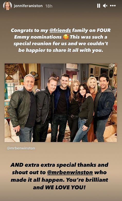 <em>Friends</em> Cast Celebrates Reunion Special Emmy Nominations: 'We're All Very Grateful' Friends Reunion, David Schwimmer, Friends Cast, The Reunion, Very Grateful, Jennifer Aniston, Family Reunion, Celebrity News, Instagram Story