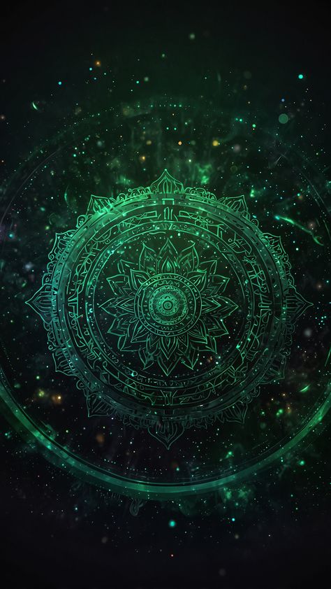 a green mandala wallpaper with a panning effect, surrounded by galaxy elements, futuristic touches, and a synthwave art style Green Galaxy Background, Scp Creatures, Galaxy Elements, Synthwave Art, Green Mandala, Mandala Wallpaper, Emoji For Instagram, Mandala Background, Galaxy Background