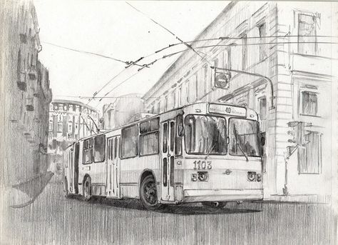 Bus In Perspective, Bus Sketch, One Perspective Drawing, Drawing Vehicles, Toronto Tattoo, Bus Drawing, Bus Art, Pen Art Drawings, Perspective Art