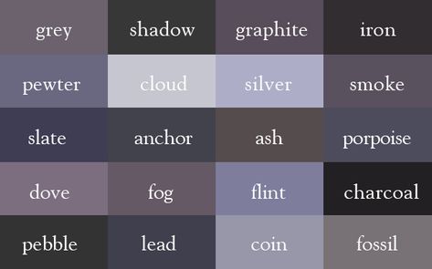 Color Thesaurus / Correct Names of Shades of Grey Dark Blue Grey Paint, Grey Colour Chart, Grey Color Names, Unique Color Names, Color Thesaurus, Shades Of Gray Color, Blue Gray Paint Colors, Blue Gray Paint, Paint Color Schemes