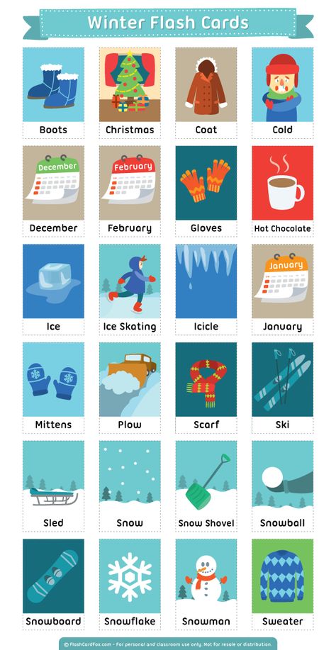 Free printable winter flash cards. Download them in PDF format at http://flashcardfox.com/download/winter-flash-cards/ English Flash Cards, Winter Flashcards, Korean Flashcards, Winter Vocabulary, Korean Grammar, Vocabulary English, Color Words, Winter Words, Learning English For Kids