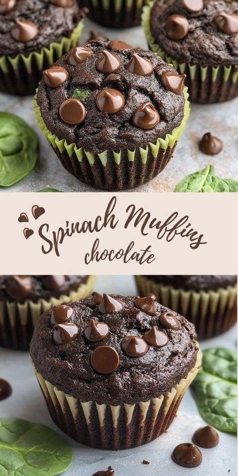 Chocolate Spinach Muffins Ingredients: 1x recipe (scale as needed) 3 very ripe bananas 2 large handfuls of baby spinach 3 tablespoons milk (almond milk or regular) 1 egg ½ cup sugar 1 teaspoon vanilla extract ½ cup full-fat Greek yogurt 3 tablespoons oil 1 cup white whole wheat flour 1 teaspoon baking soda ⅔ cup cocoa powder ¼ teaspoon sea salt ½ cup dark chocolate chips #Spinach #MuffinsChocolate Spinach Chocolate Chip Muffins, Chocolate Spinach Muffins, Choc Muffins, Spinach Muffins, Chocolate Banana Muffins, Family Restaurant, Steak Bites, Ripe Bananas, Spinach Recipes