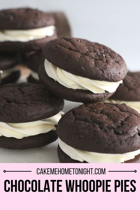 Chocolate whoopie pies are easy to make from scratch! No cake mix needed for this recipe. Chocolate cake cookies with vanilla buttercream filling. Whoopee Pie, Whoopie Pie Filling, Whoopie Pie Recipe, Chocolate Whoopie Pies, Kitchen Notes, Chocolate Cake Cookies, Whoopie Pie, Vintage Cakes, Whoopie Pies