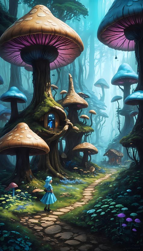 Enter this enchanting world of a mushroom village in the forest. Five delightful images that are perfect for your cell phone Home Screen. All images download in high res and without watermark. Forest Village Fantasy Art, Mushroom Treehouse, Fantasy Mushroom Forest, Village Wallpaper, Mushroom Village, Phone Home Screen, Forest Village, Forest Mushrooms, Fungi Art