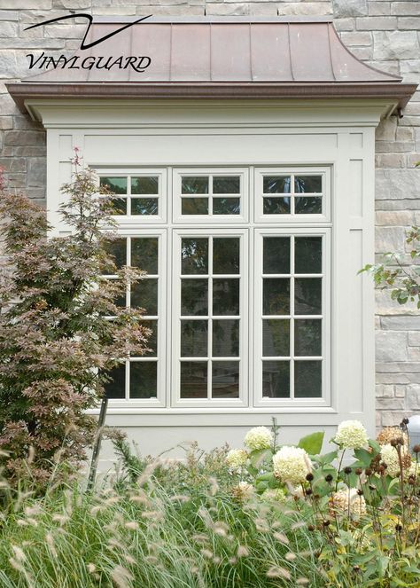 French Cottage Windows, Box Windows Exterior, Cottage Style Windows Exterior, Exterior Bay Window Trim Ideas, Farmhouse Casement Windows, Bow Window Exterior, Box Window Design, Classic Window Design Exterior, French Casement Windows Kitchens