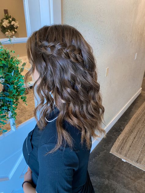 Curls Hairstyles With Braids, Prom Hairstyles Two Braids, Prom Hair With Braid Down, Hoco Hair Ideas Wavy, Braids And Curls Wedding Hair, Down Do With Braid, Curled With Braid Hairstyles, Braided Curled Hair, Hoco Hair Braid And Curls