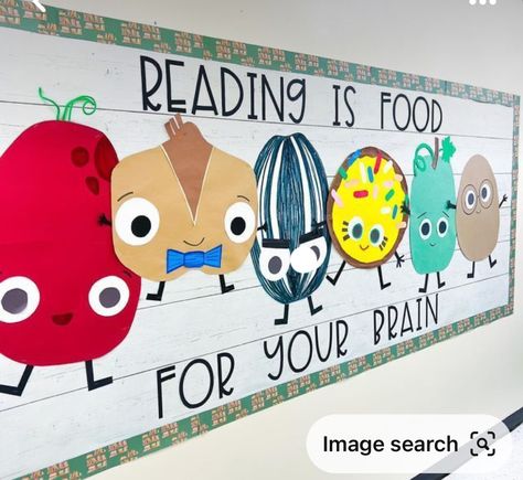 Love Of Reading Bulletin Board, Reading Is Food For The Brain Bulletin Board, Reading Week Bulletin Board Ideas, Literacy Week Bulletin Board Ideas, Book Characters Classroom Decor, Reading Classroom Doors, Classroom Reading Display, Book Theme Door Decorations Classroom, Book Bulletin Boards Elementary