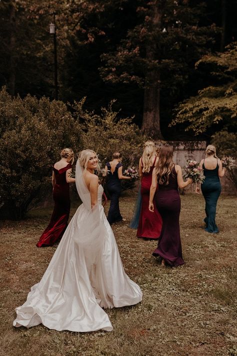 Twilight Wedding Bridesmaid, Jewel Tone Wedding Dress Code, Mismatched Autumn Bridesmaid Dresses, Dark Bridesmaid Dresses Fall, Jewel Toned Mismatched Bridesmaids, Moody Jewel Tone Wedding Bridesmaids, Mismatch Winter Bridesmaid Dresses, Moody Fall Wedding Bridesmaid, Winter Bridesmaid Colors